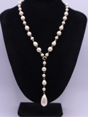Carolee Cream Genuine Pearl Y-Drop Necklace with Gold Accents